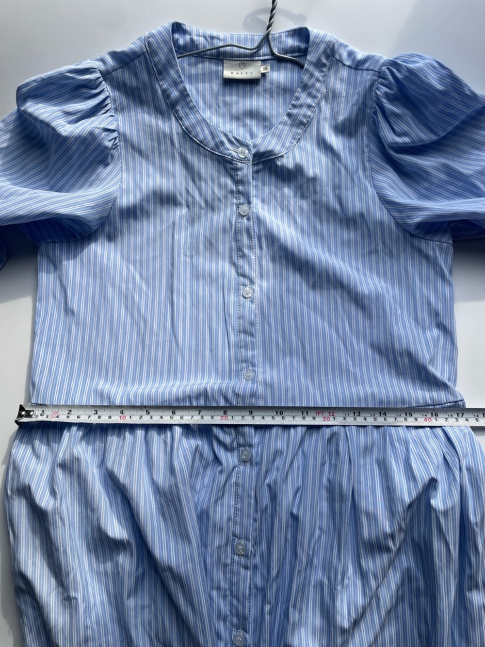 Blue Stripe Midi Dress Puff Sleeve Cotton Blend Size 36 Small - Picture 7 of 10